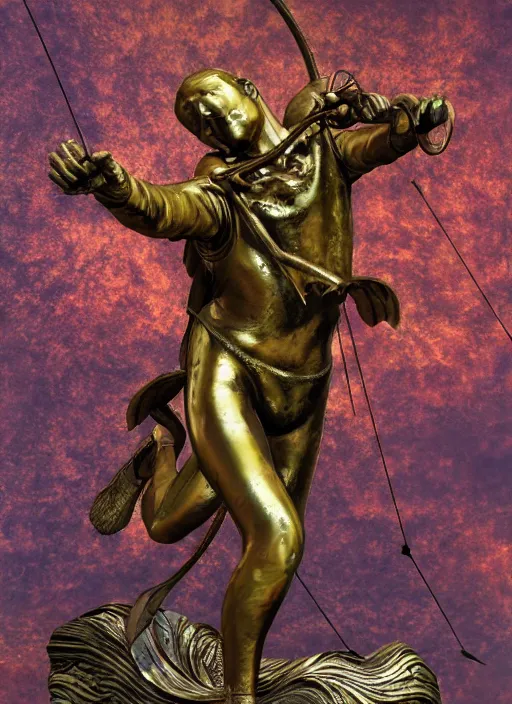 Prompt: An epic fantastic realism comic book style painting of a distressed bronze archery sculpture from the future by Stanislaw Szukalski, gilded colorful marbled paper background, winged archer, perfect shiny iridescent silver spheres, fisheye lens, unreal 5, DAZ, hyperrealistic, octane render, dynamic lighting