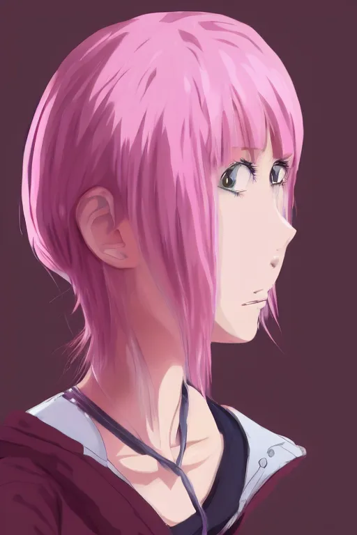 Image similar to high definition anime portrait of a pink haired anime woman, by Studio Ghibli, trending on artstation, sharp high quality anime, digital art, photoshop, proportionate