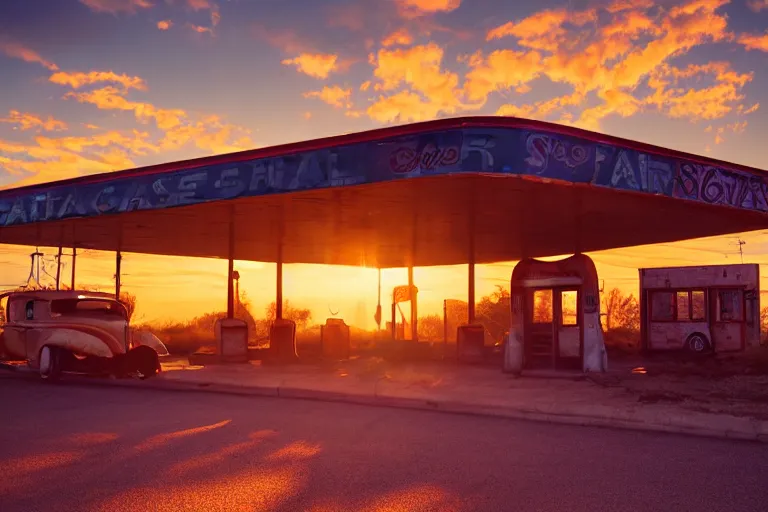 Image similar to a sunset light landscape with historical route 6 6, lots of sparkling details and sun ray ’ s, blinding backlight, smoke, volumetric lighting, colorful, octane, 3 5 mm, abandoned gas station, old rusty pickup - truck, beautiful epic colored reflections, very colorful heavenly, softlight