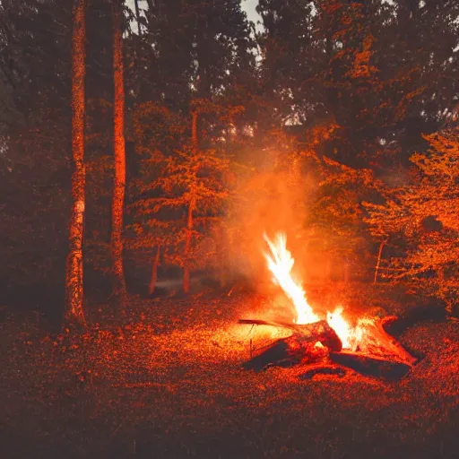Image similar to book near a campfire, spooky forest background burnt orange and navy hues, highly detailed, dslr