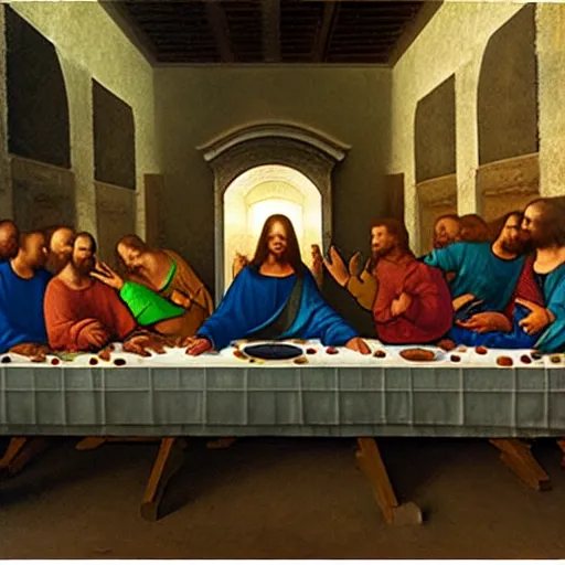 Image similar to a futuristic holographic art piece of The Last Supper by Leonardo da Vinci