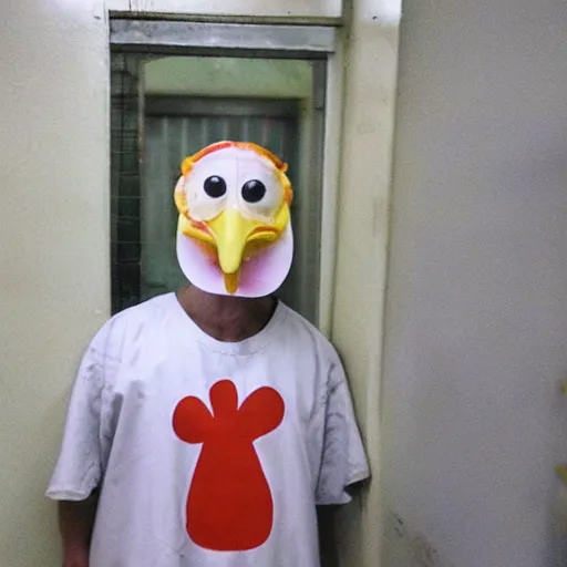 Prompt: inmate wearing chicken face