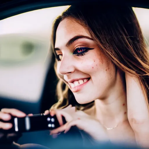 Prompt: a beautiful cute young woman with vivid emerald green eyes takes a photo of herself, sitting in her car, long bronze brown hair, flushed face, red blush, light freckles, big puffy lips, smiling softly, soft features, 8 k, sharp focus, instagram, portra 4 0 0