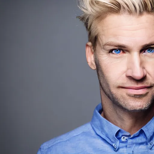 Image similar to close up of face of good looking 4 0 year old blond man with blond stubble, very short wavy blond hair in a short pompadour style, very pale skin, blue eyes, hairy shoulders, hairy chest, color portrait, 4 k