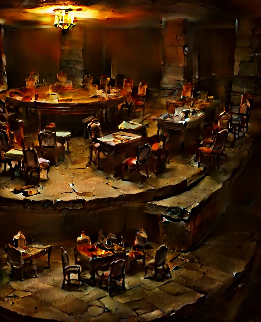 Image similar to the forbidden underground meetings of the traitors, a dimly lit stone room, a single table, some old chairs, all traitors are debating how to kill the king, cinematic landscape, betrayal in the air, octane render, artstation