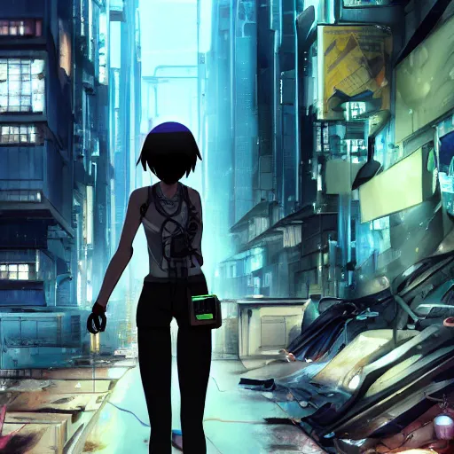 Image similar to android mechanical cyborg girl in overcrowded urban dystopia raining makoto shinkai wide angle