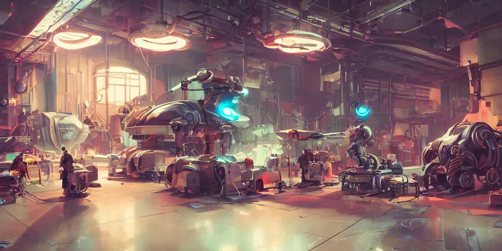 Prompt: concept art, retro - futurist robot repair workshop, neon glow, volumetric lighting, strong shadows, soft reflections, glowing robot motifs, octane render, curves, syd mead, akihiko yoshida, cinematic