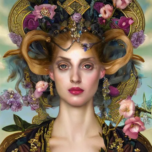 Image similar to centered portrait composition, woman with blonde hair full of spring flowers wearing ornate earrings, ornate gilded details, pastel colors, a surrealist painting by tom bagshaw and jacek yerga and tamara de lempicka and jesse king, wiccan, pre - raphaelite, featured on cgsociety, pop surrealism, surrealist, dramatic lighting