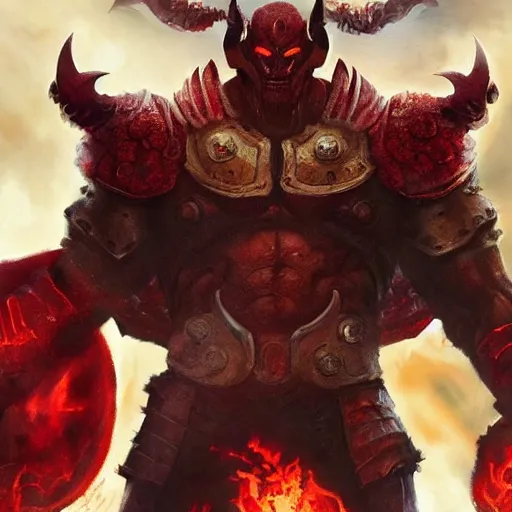 Prompt: surtur as khorne, artstation hall of fame gallery, editors choice, #1 digital painting of all time, most beautiful image ever created, emotionally evocative, greatest art ever made, lifetime achievement magnum opus masterpiece, the most amazing breathtaking image with the deepest message ever painted, a thing of beauty beyond imagination or words