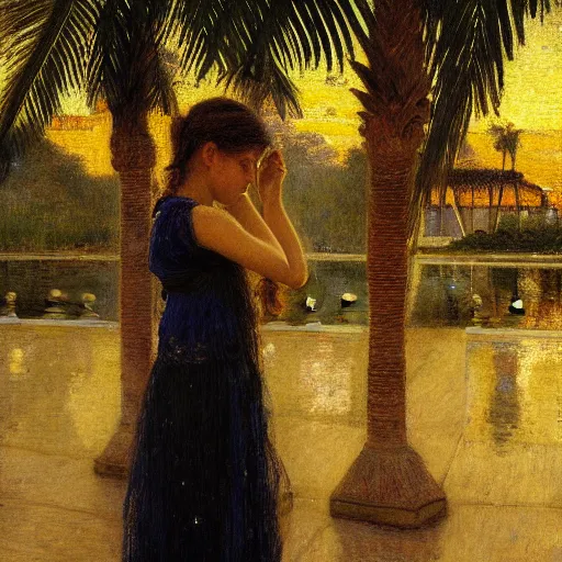 Image similar to a ultradetailed beautiful painting of a girl at night on the amazonas palace by jules bastien - lepage, hans belmer, frank weston and gustave baumann, trending on artstation, mediterranean, palm trees, light sparkles, sharp focus, soft light