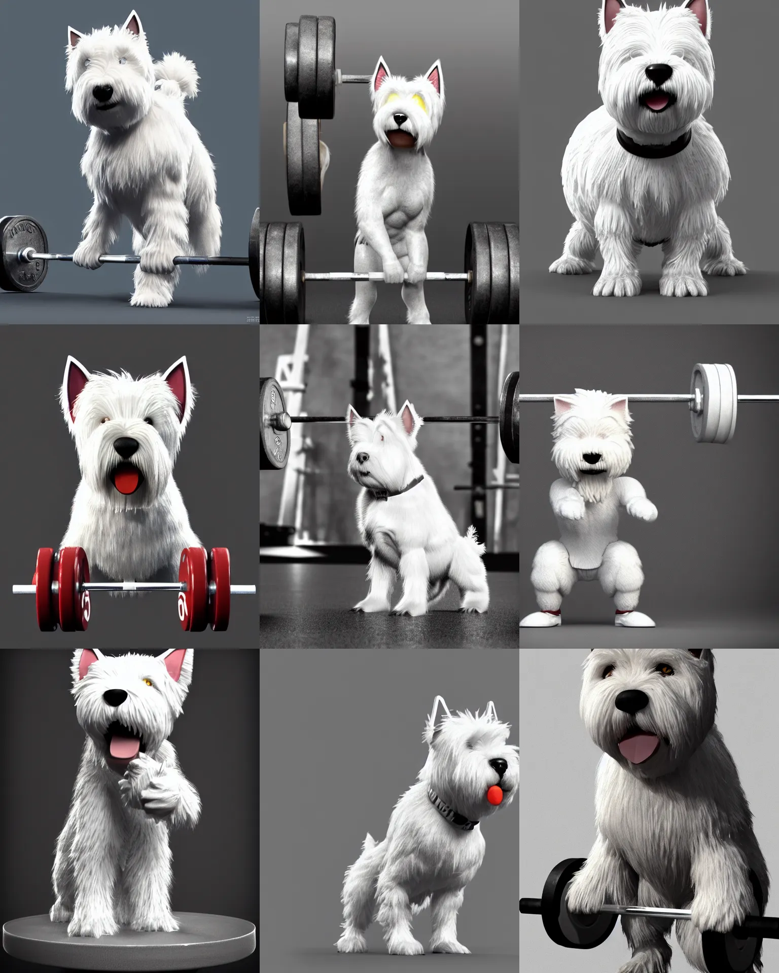 Prompt: high quality photo of an anthropomorphic west highland white terrier weightlifting barbell in olympic weightlifting, 3 d render, photo realistic, epic lighting, concept art, 4 k, artstation, cgsociety