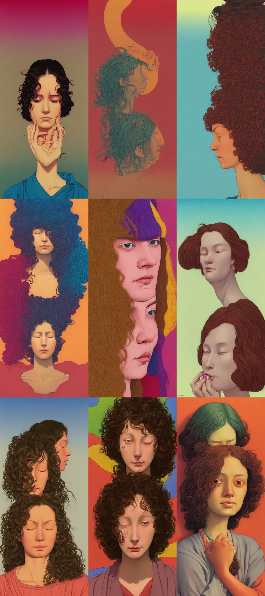 Prompt: a colorful vibrant closeup portrait of a simple caucasian woman with curly mid length brown hair with a calm afraid aesthetic face crying a single tear and dreaming psychedelic hair, by kawase hasui, moebius, edward hopper and james gilleard, zdzislaw beksinski, steven outram colorful flat surreal design, hd, 8 k, artstation