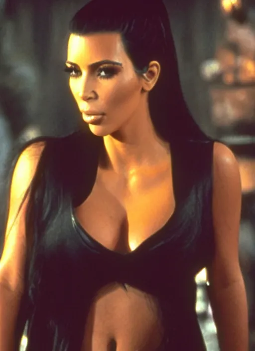Prompt: film still of kim kardashian as a vampire in the movie the lost boys