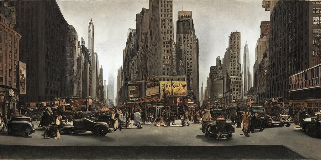 Prompt: a New York City street in 1940 by Caravaggio