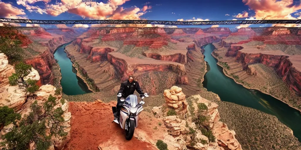 Image similar to a man on a motorcycle jumping the Grand Canyon, wide angle, super highly detailed, professional digital painting, artstation, concept art, smooth, sharp focus, no blur, no dof, extreme illustration, Unreal Engine 5, Photorealism, HD quality, 8k resolution, cinema 4d, 3D, beautiful, cinematic, art by artgerm and greg rutkowski and alphonse mucha and loish and WLOP