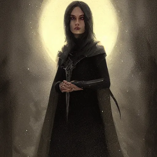 Prompt: portrait of an elf in a black cloak, silver hair and glowing eyes, detailed face, highly detailed, cinematic lighting, digital art painting by greg rutkowski.