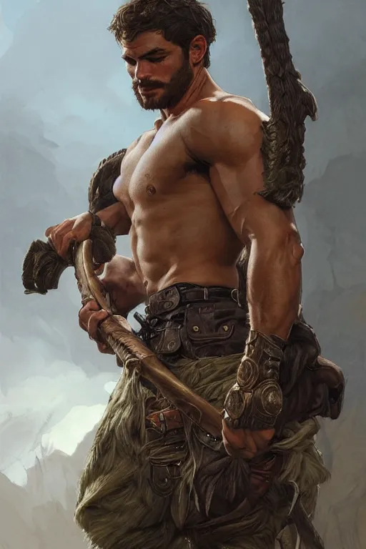 Prompt: portrait of a young rugged ranger, muscular, handsome, upper body, hairy torso, D&D, fantasy, intricate, elegant, highly detailed, digital painting, artstation, concept art, smooth, sharp focus, illustration, art by artgerm and Greg Rutkowski and Alphonse Mucha