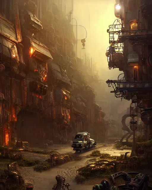 Image similar to xenomorph truck in a robust fantasy village, calming, uplifting mood, ultra realistic, factory, funny, small buildings, highly detailed, epic lighting, illuminated, cinematic, morning, art by eddie mendoza