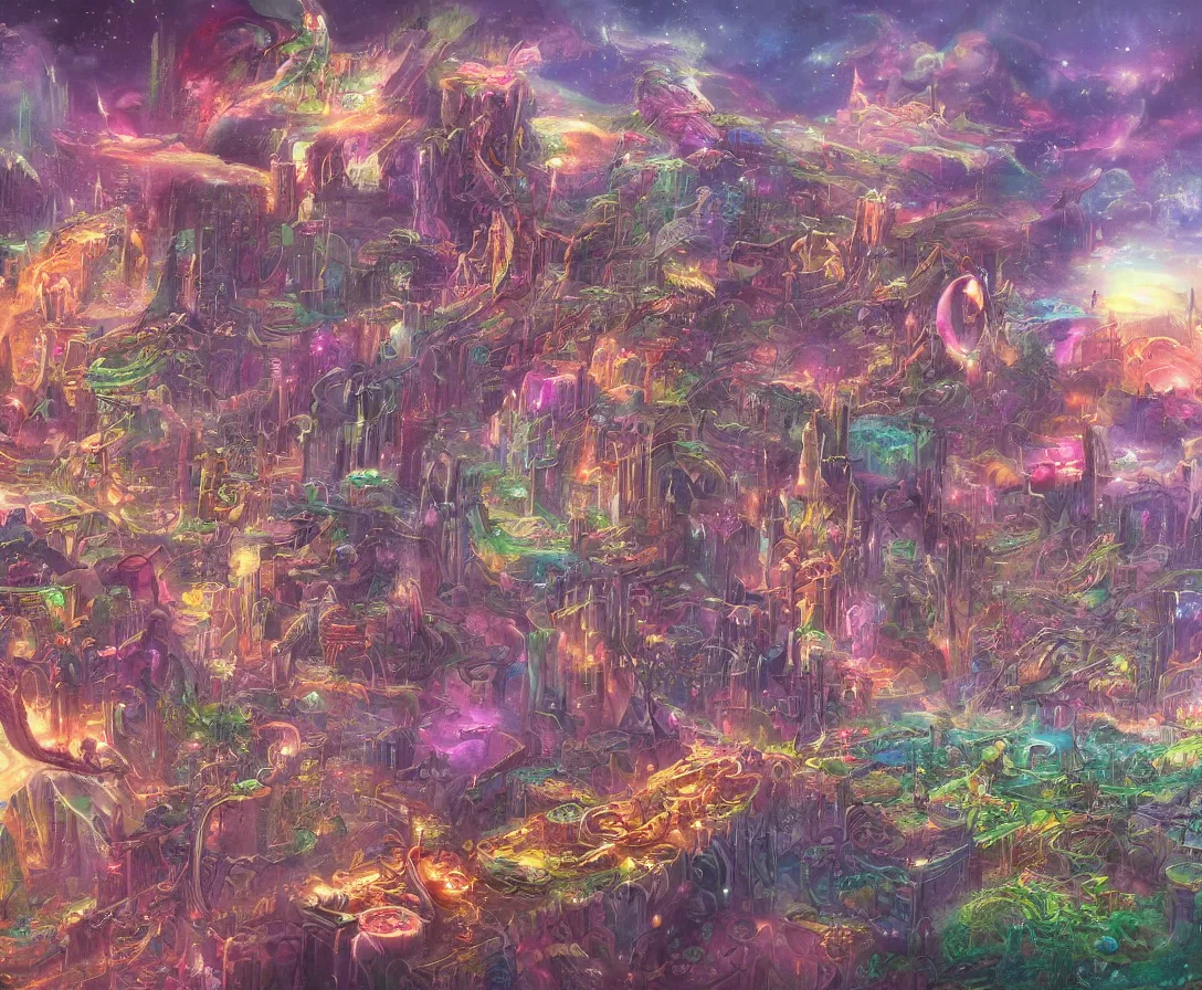 Image similar to detailed painting of an intricate fantasy sci-fi-world, colorful, dreamy