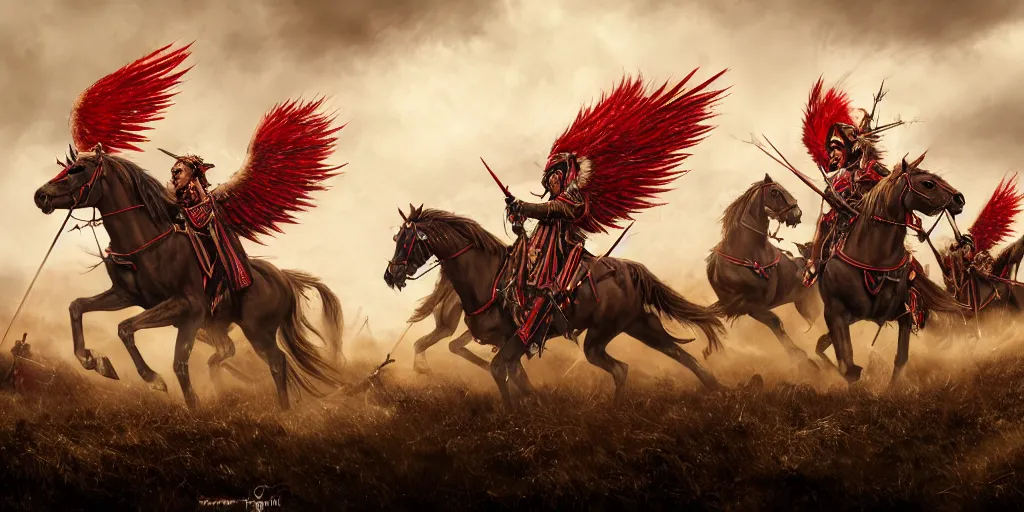 Image similar to Majestic powerfull red white Winged Hussars cavalry horde charging at ugly rainbow demons and trolls on ground, huge golden cross above them on the sky, white red eagle helping hussars, blood, snow, wide angle, professional kodak lenses, magic, fire, face painting, dramatic lighting, intricate, wild, highly detailed, digital painting, artstation, concept art, smooth, sharp focus, illustration, art by artgerm and greg rutkowski and alphonse mucha, footage from space camera