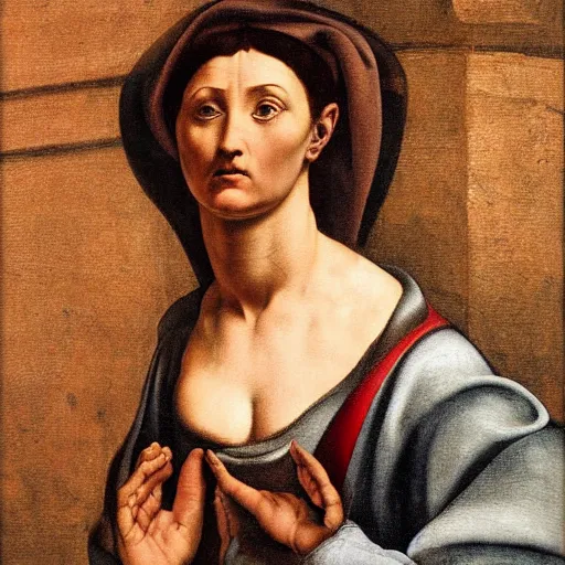 Image similar to scared woman staring up, high detail painting by michelangelo