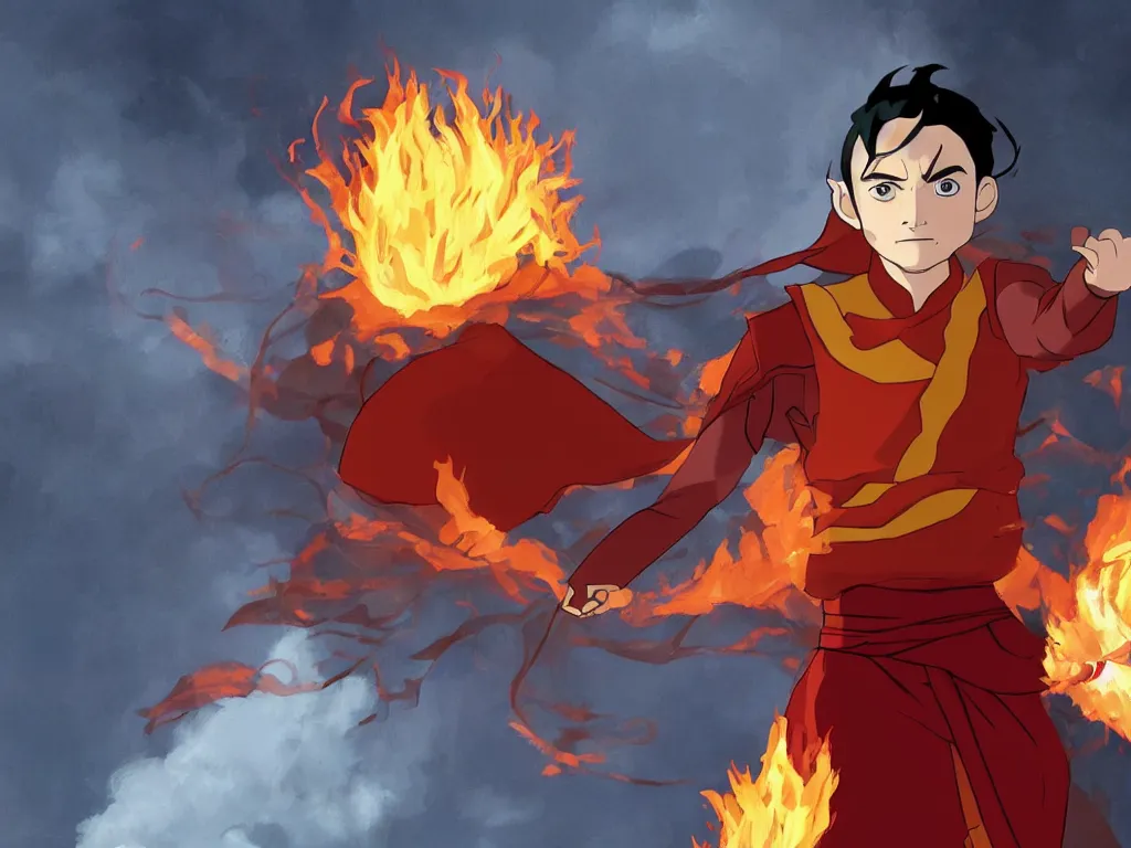 Prompt: elijah wood as fire lord ozai, firebending, in the style of avatar the last airbender, 4 k, intense