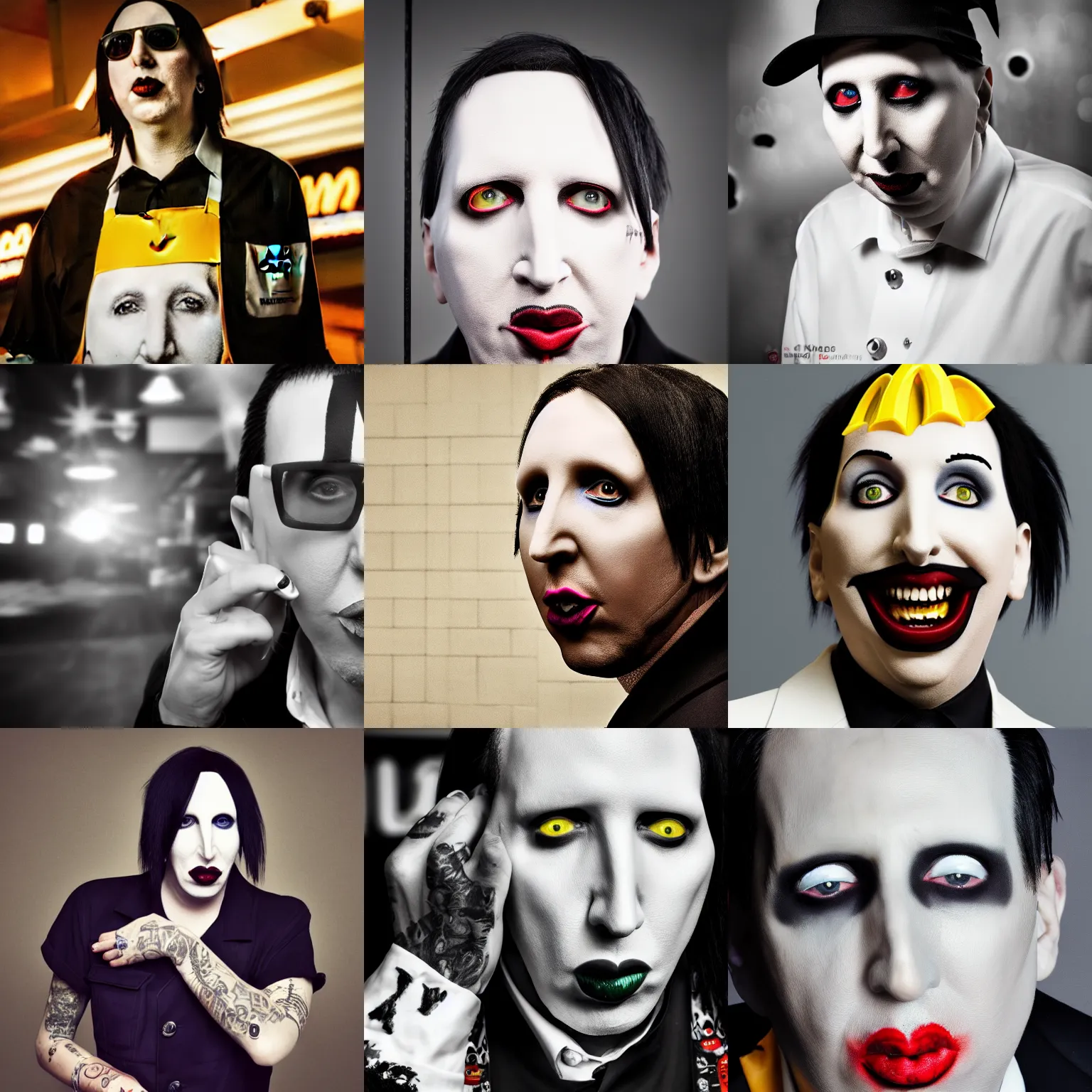 Prompt: Marilyn Manson, working at McDonalds, portrait photography, bokeh, depth of field, 4k