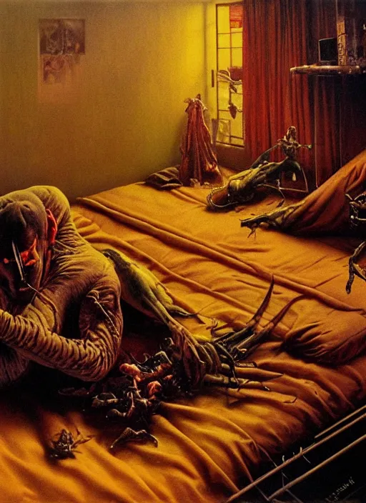 Prompt: realistic detailed image of a a man eating a cockroach in a bed in an old cozy soviet interzone apartment by david cronenberg , Ayami Kojima, Amano, Karol Bak, Greg Hildebrandt, and Mark Brooks, Neo-Gothic, gothic, rich deep colors. Beksinski painting, part by Adrian Ghenie and Gerhard Richter. art by Takato Yamamoto. masterpiece. realistic detailed image