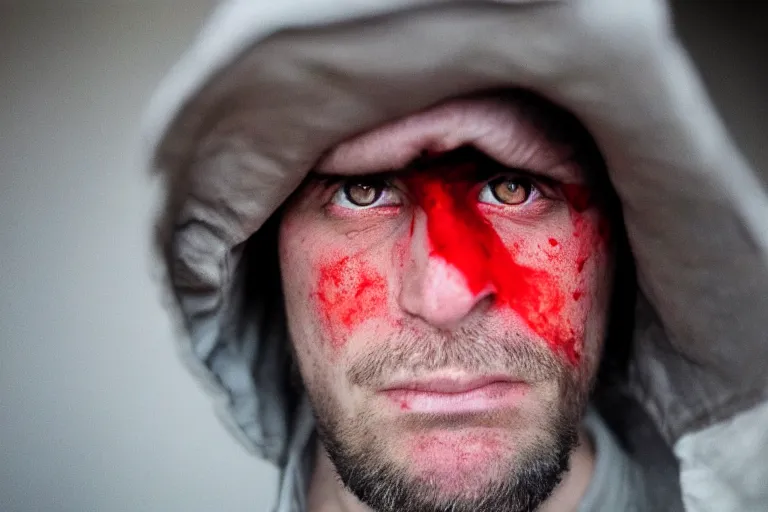 Prompt: wide angle shot of the face of a man with bloodshot eyes