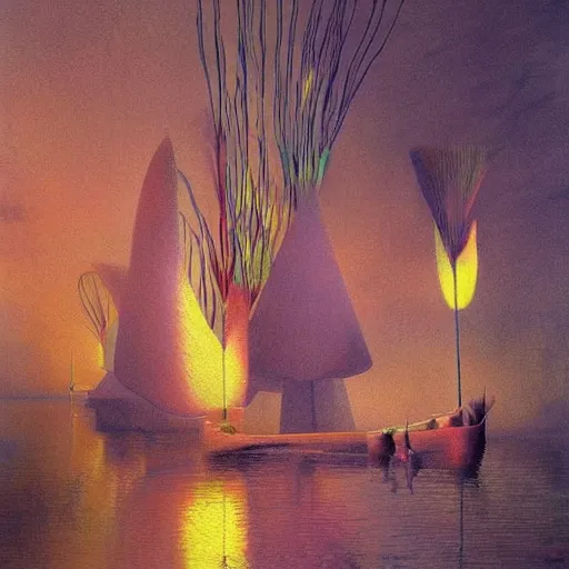 Image similar to colourful scene from a dream. digital artwork by vincent bons, michael whelan, remedios varo and gerardo dottori. grainy and rough. interesting pastel colour palette. beautiful light. oil and water colour based on high quality render.