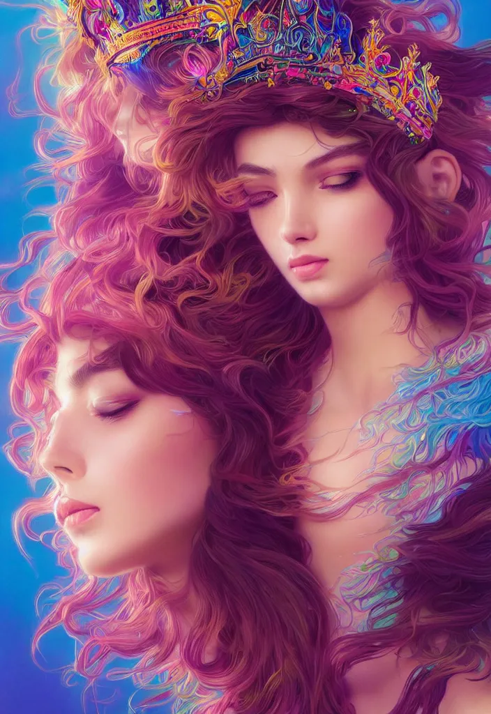 Image similar to beautiful, young woman, detailed gorgeous face, vaporwave aesthetic, synthwave, colorful, psychedelic, water droplets, feathers, crown, artstation, concept art, smooth, extremely sharp detail, finely tuned detail, ultra high definition, 8 k, unreal engine 5, ultra sharp focus, illustration, art by artgerm and greg rutkowski and alphonse mucha