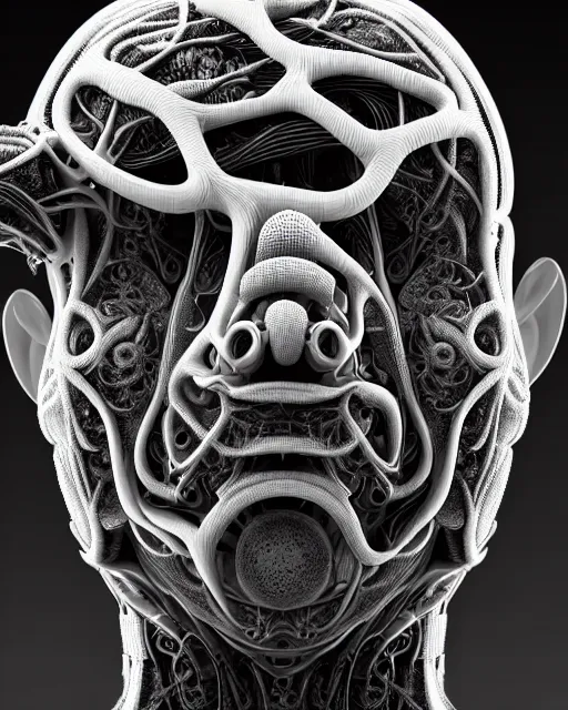 Image similar to mythical black and white organic biomechanical spinal ribbed face portrait detail of mechanical vegetal-cyborg, highly detailed, intricate ornate, 3D render digital art, octane render, 8K artistic photography, photorealistic