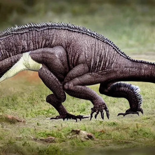 Prompt: Tyrannosaurus with feathers walks in its natural habitat