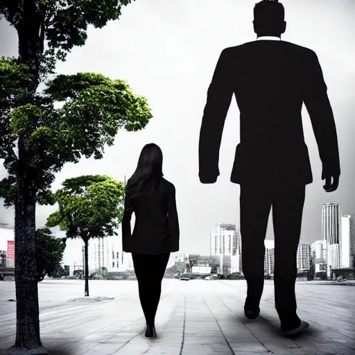 Prompt: a giantess man with a giant woman walking together, enormous, big, photoshop