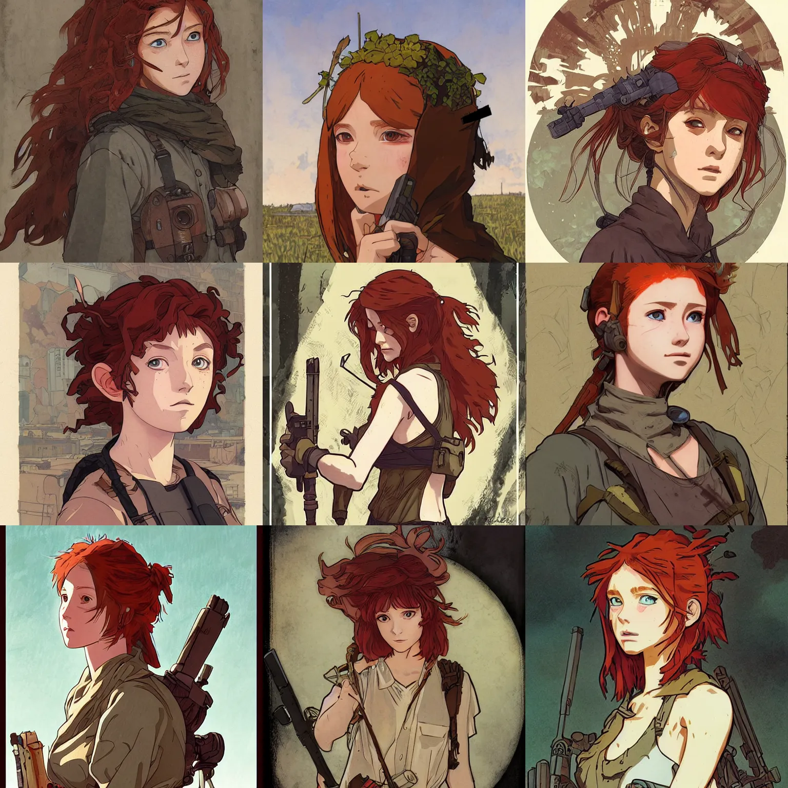 Prompt: post - apocalyptic scavenger, redhead, finely illustrated face, highly detailed, colored pencil, studio ghibli, tankobon, in the style of ilya kuvshinov and william - adolphe bouguereau and alphonse mucha