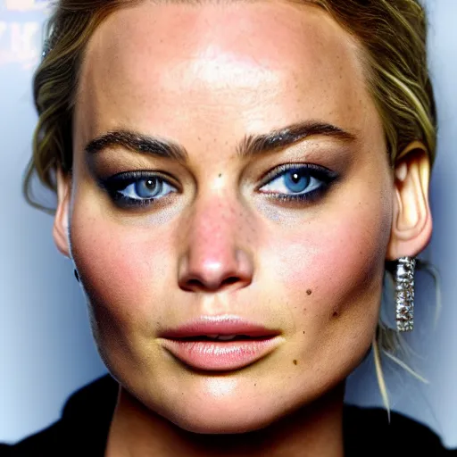 Image similar to a woman who is a genetic combination of jennifer lawrence margot robbie mila kunis lindsay lohan, medium shot, detailed eyes,