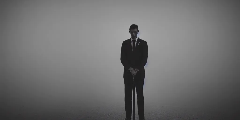 Image similar to a man wearing a dark suit, cinematic, 8 5 mm anamorphic lens, atmospheric, hazy, lights in the distance, depth of field