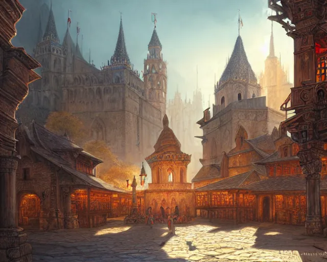 Prompt: a medieval city with temple, market, palace, tavern, beautiful, detailed, temple, market, palace, tavern, concept art illustration, color page, tone mapping, akihiko yoshida, james jean, andrei riabovitchev, marc simonetti, digital illustration, greg rutowski, volumetric lighting, sunbeams, particles