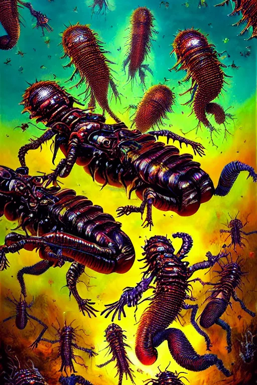 Prompt: a hyperrealistic painting of an epic boss fight against a swarm of alien hornets on a sunny day at the park, cinematic horror by chris cunningham, lisa frank, richard corben, highly detailed, vivid color,