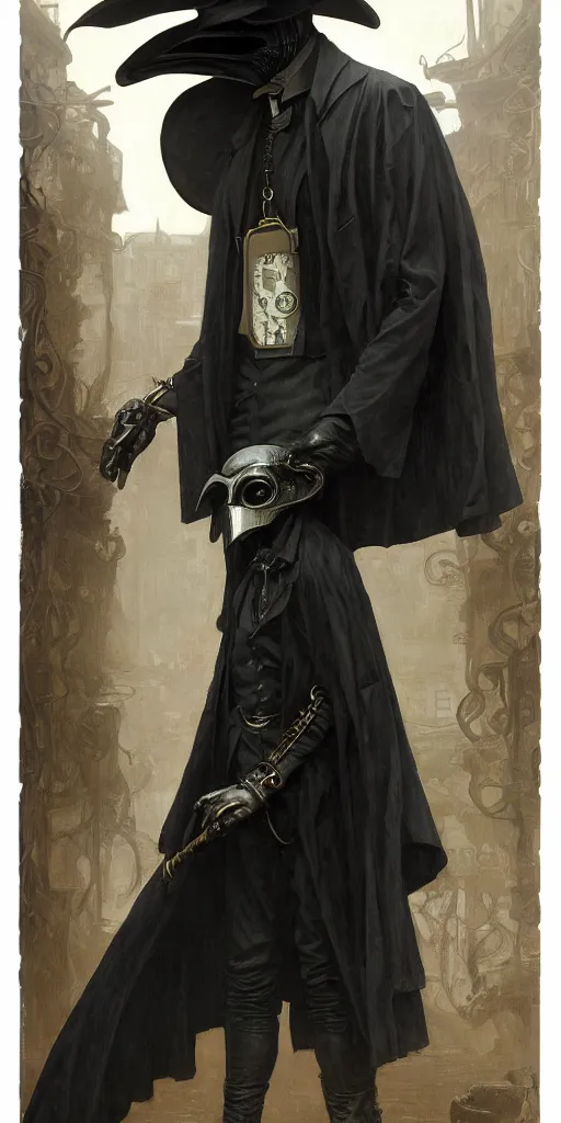 Prompt: portrait of man in black trench coat, wearing a steam punk plague doctor mask and a black top hat, highly detailed, artstation, concept art, by krenz cushart and donato giancola and william adolph bouguereau and alphonse mucha,