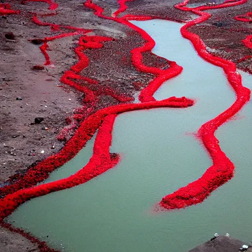 Image similar to image of a river of blood flowing near pyramids