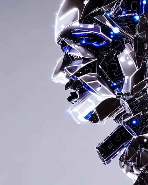 Prompt: creative photo of aroused dancer as a cyberpunk mecha humanoid robotic head shoulder parts with linear bright led lights, inside white room, ultra - realistic and detailed, 8 k