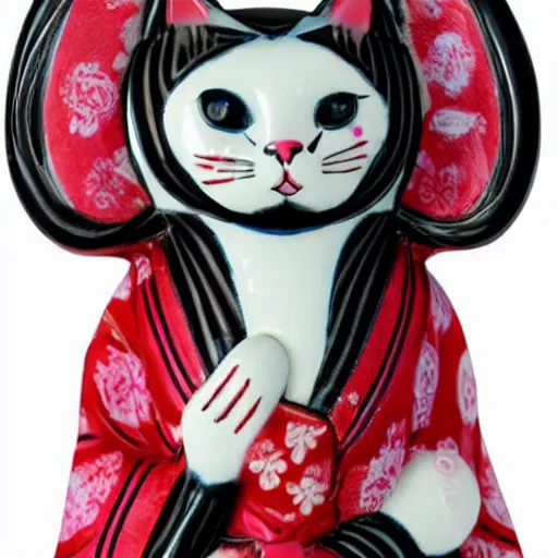 Prompt: demure anthropomorphic cat figurine wearing a kimono