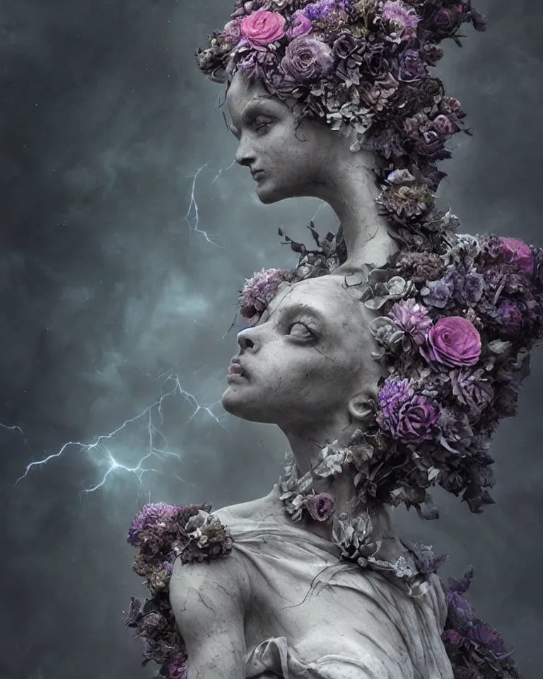 Image similar to portrait of a gothic cemetery statue made of mist and flowers, cosmic horror, mutating into mist, cinematic lightning, Andrew Ferez, Charlie Bowater, Marco Mazzoni, Seb McKinnon, Ryohei Hase, Alberto Seveso, Kim Keever, trending on cgsociety, featured on zbrush central, new sculpture, mystical