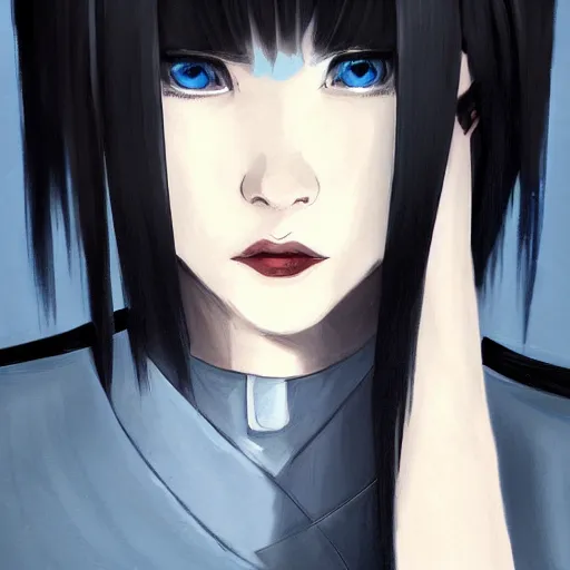 Image similar to « portrait, attractive, blue eyes, black hair, middle length hair, ghost in the shell, front view, digital painting »