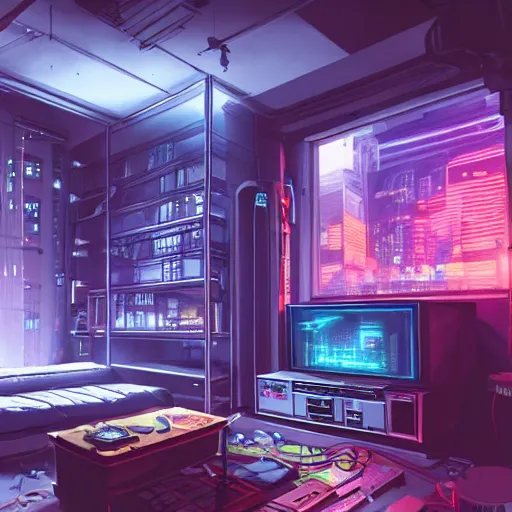 Prompt: the cyberpunk apartment, render, octane, 4k, highly detailed, vivid colors, high definition, by James Gilleard