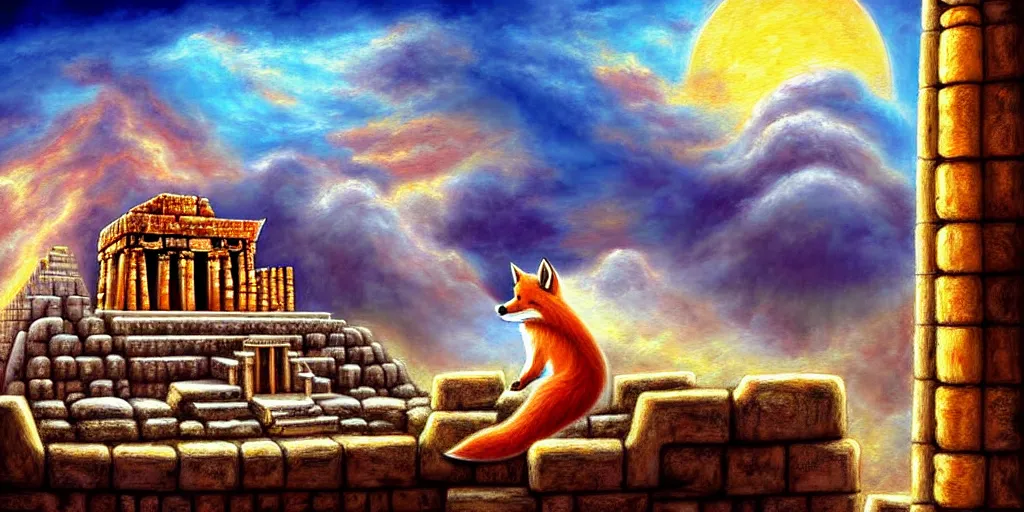 Prompt: illusion painting hidden temple in the clouds : an adorable small fox in the huge ruins of the second temple in jerusalem. a new temple hovers quietly hiding in the dreamy clouds above. a hooded bearded old man in a brown tunic laughing, colorful 8 k, art station, intricate superb details, digital art, illusion painting hidden image.