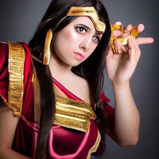 Image similar to young greek italian woman as ramayana, cosplay, studio lighting