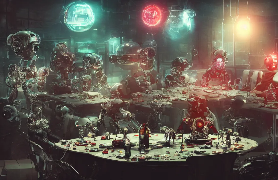 Image similar to mirta legrand's heads floating in a fishbowl with cybernetic tubes in a robot body sitting at the table having lunch with cyborgs in the apocalypse. cyberpunk movie, octane render