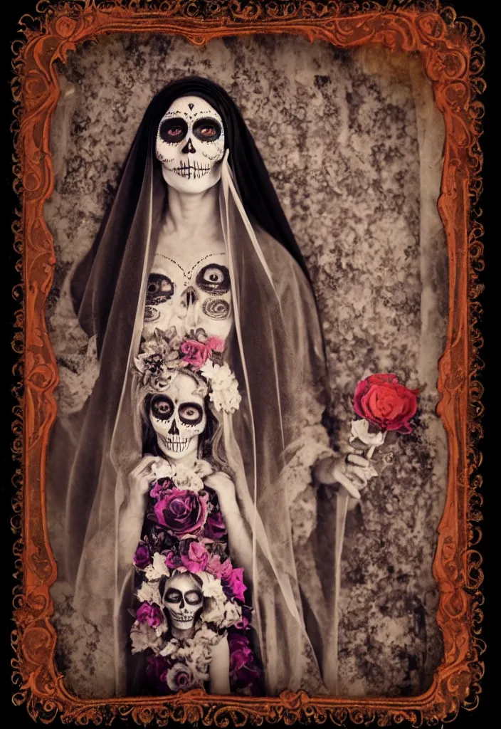 Prompt: tintype full body view, one womanvirgin mary, dia de muertos dress and make up, intricate, highly detailed,